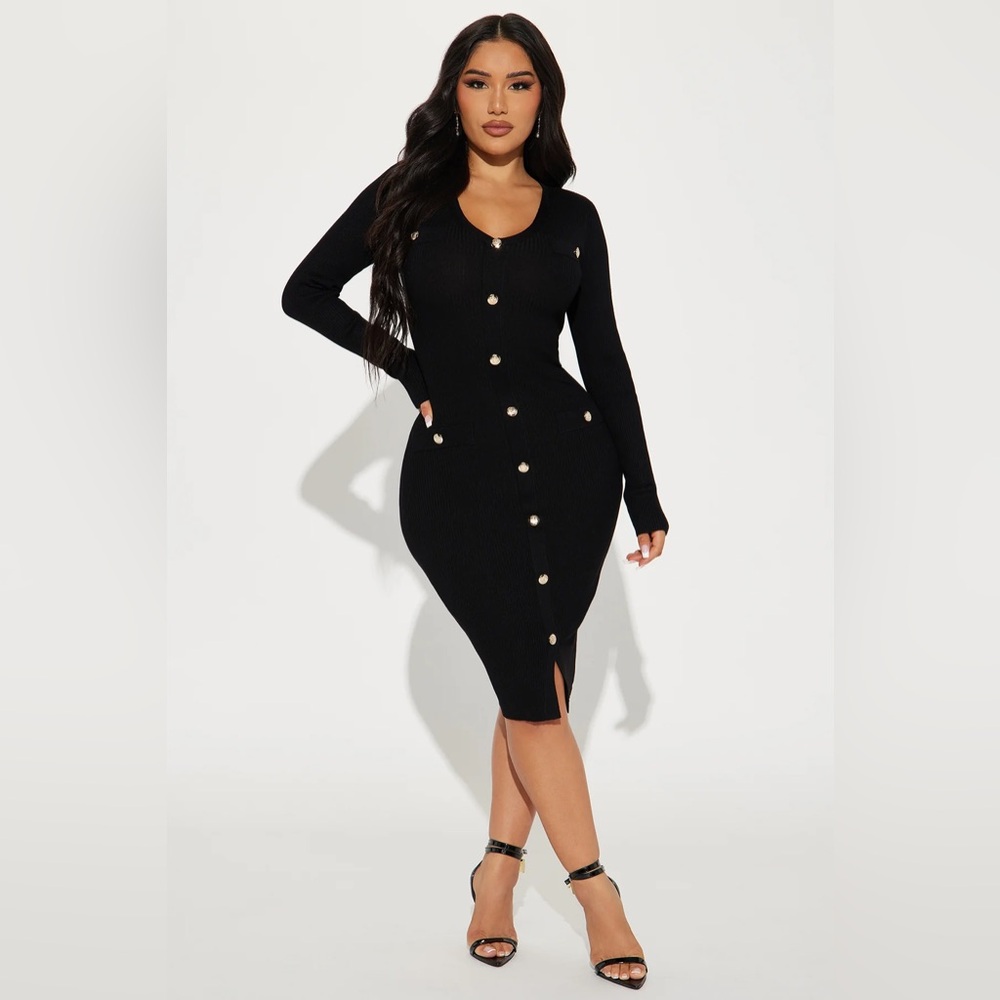 Fashion Nova Black Long Sleeve Button Dress
